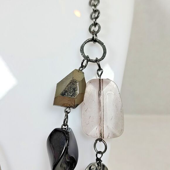 Gunmetal Chain Statement Necklace Zebra Print Beads Faceted Artisan 17" - 19" - Picture 5 of 14